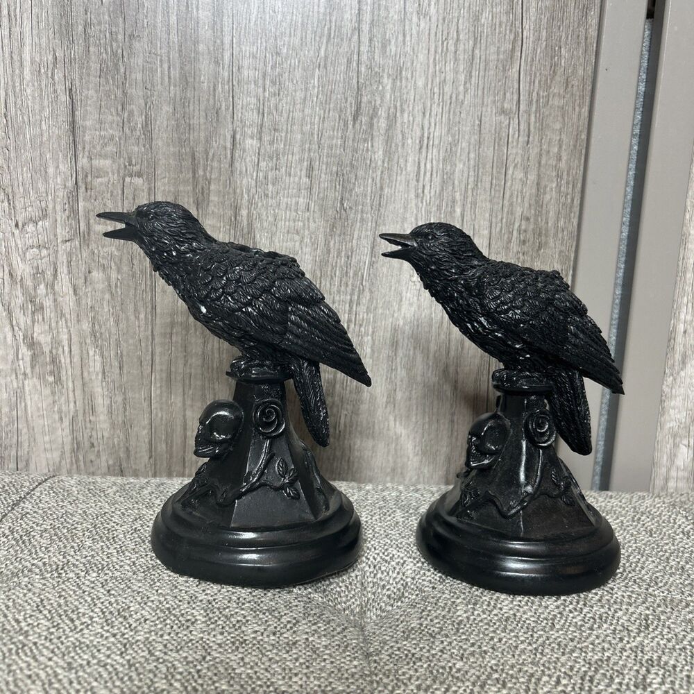 Gothic Raven Candle Stick Holders Set of 2 Black Color